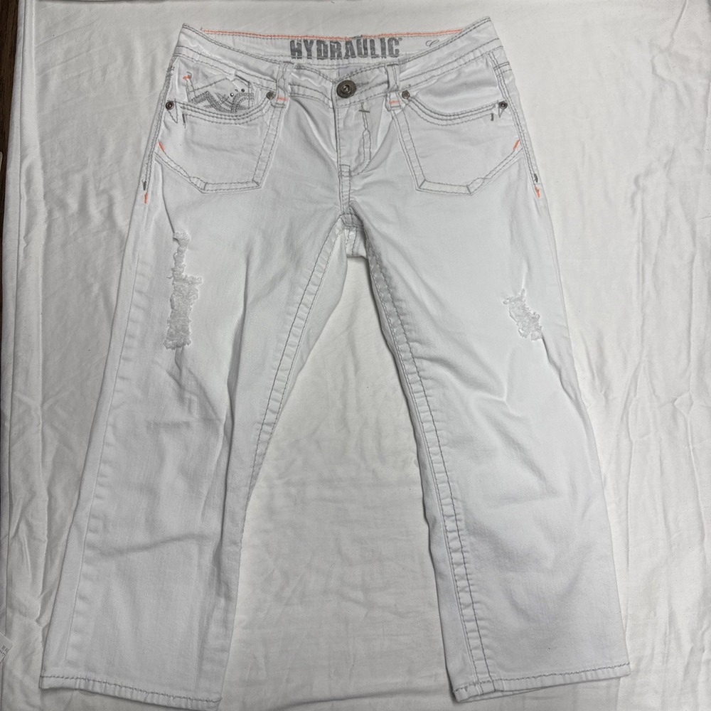 Hydraulic Women's White/Gray Thick Stitch Patched Ripped Capri Jeans Size 7/8
